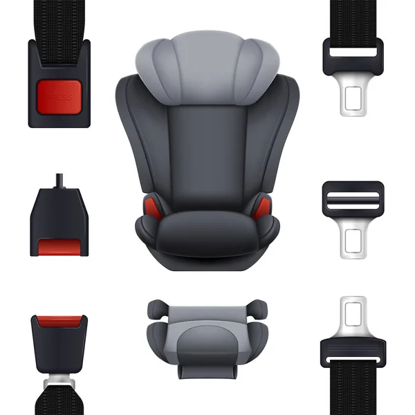 Realistic Safety Belt Car Seat Set Isolated Icons Front Top — Vettoriale Stock