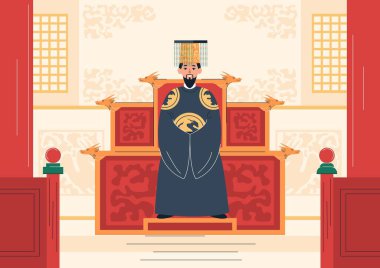 Kraliyet ailesinin düz kompozisyonu, iç mekan manzaralı ve kralın taht vektörü illüstrasyonunda Hanbok giydiği ön manzara.