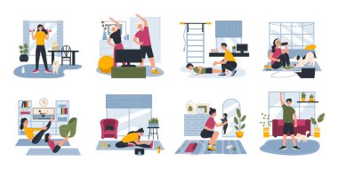 Home workout set of eight compositions with flat human characters home interiors and human characters exercises vector illustration
