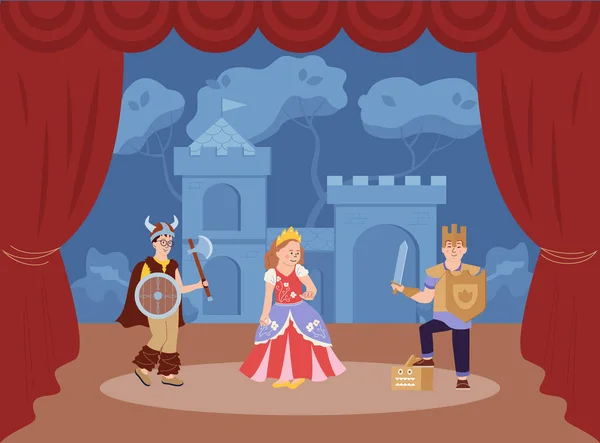 Kids Acting Fairytale Play Stage Wearing Costumes Knight Viking Princess — Wektor stockowy