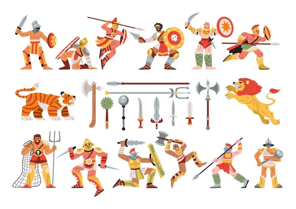 Gladiator Fights Flat Set Isolated Icons Ancient Weapons Armour Characters — Archivo Imágenes Vectoriales