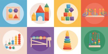 Montessory flat design concept set of eight colored square icons with wooden elements for retro educational games vector illustration