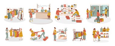 Shopping people flat compositions with clothes hangers shelves with shoes fitting room with mirror isolated vector illustration