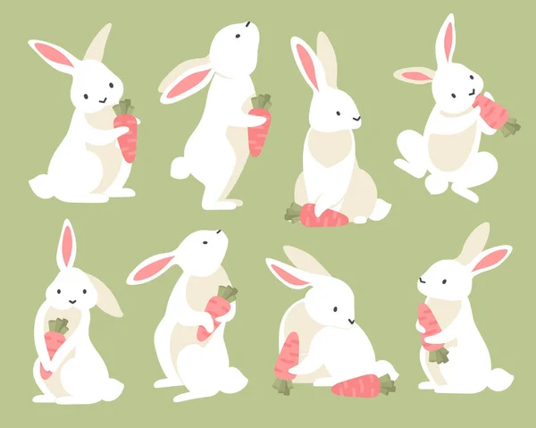 Cute Rabbits Carrot Different Poses Cartoon Set Isolated Light Green — 图库矢量图片