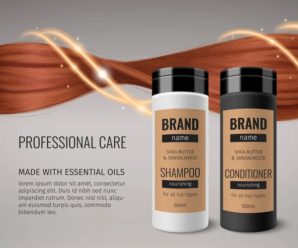 Realistic Cosmetics Poster Brown Hair Curl Shampoo Bottle Vector Illustration — Vector de stock