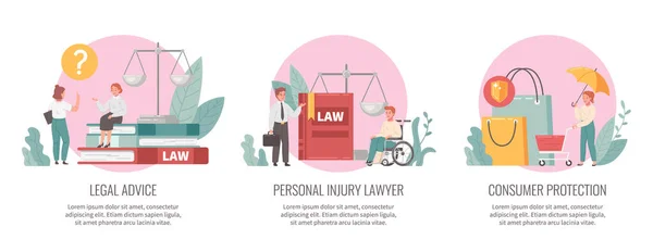 Lawyer Cartoon Compositions Set Legal Services Symbols Isolated Vector Illustration — 图库矢量图片