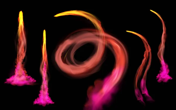 Realistic Rocket Trail Set Black Background Isolated Neon Colored Shapes — Stok Vektör