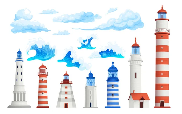 Lighthouse Set Isolated Icons Clouds Waves Tower Buildings Various Age — Stok Vektör