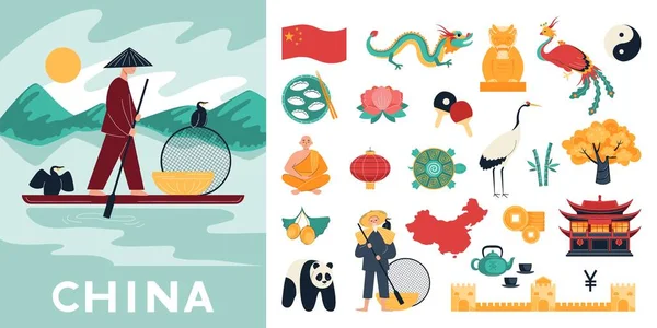 China Symbolkomposition Mit Landschaftsaufnahme Des Chinesischen Flusses Mit Boot Und — Stockvektor