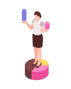 Kavramsal finansal analiz ikonları ve insan vektör illüstrasyonuyla Isometric iş analisti profesyonel bileşimi