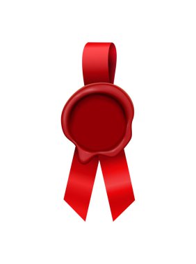 Kırmızı kurdele illüstrasyonlu eski pulların gerçekçi görüntüsüyle balmumu pul kurdeleleri.
