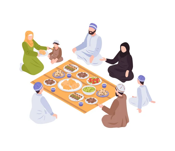 Isometrische Araber Menschen Familienunternehmen Erholung Lebenszusammensetzung Mit Muslimischen Menschlichen Charakter — Stockvektor