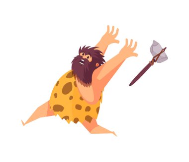 İlkel insan mağara adamı kompozisyonu. Antik insan vektör illüstrasyonunun karikatür karakteri.