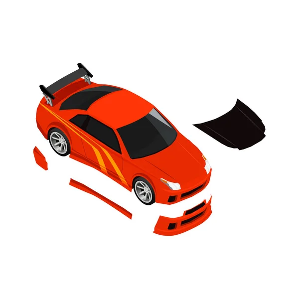 Kompozycja Izometryczna Tuningu Samochodowego Ikonami Oddzielonych Części Samochodowych Ilustracji Wektora — Wektor stockowy