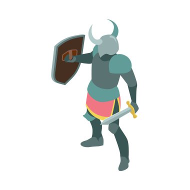 Isometric ortaçağ efsanesi kompozisyonu. Boş arka plan çizimi üzerine izole edilmiş kurgusal karakter.