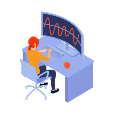 Bilgisayarlı ve resimli vektör illüstrasyonlu kodlayıcı insan karakterine sahip Isometric programcılar