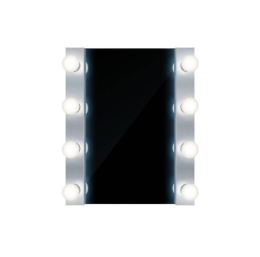 Makyaj aynası gerçekçi kompozisyonu. Stüdyo camının, parlak lambalar vektör illüstrasyonuyla izole edilmiş ön görüntüsü var.