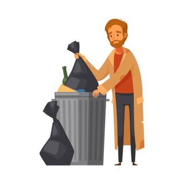 Boş arkaplan çizimi üzerinde karalama tarzı insan karakteri olan evsiz insanlar karikatür kompozisyonu