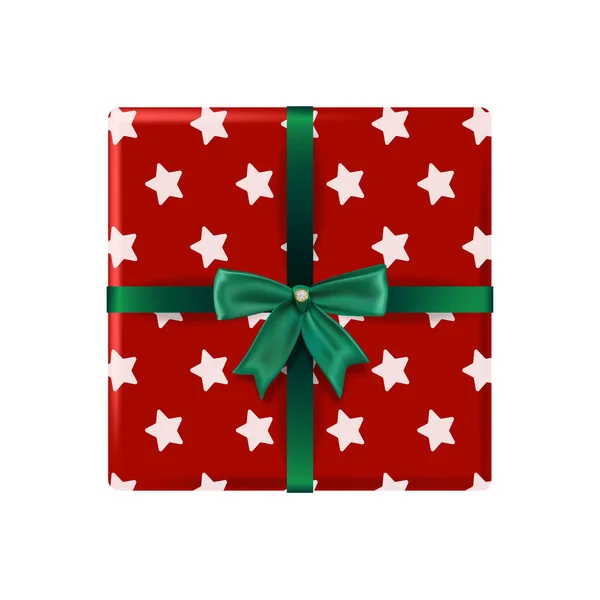 带彩带包装礼品盒的独立顶部视图和带弓形隔离矢量插图的圣诞构图 — 图库矢量图片
