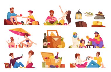 Picnic cartoon icons set with people eating food outdoors isolated vector illustration