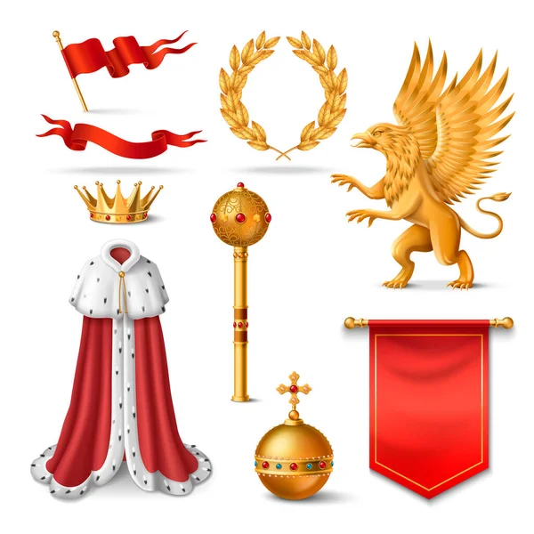Iconos Realistas Símbolos Reales Con Corona Reyes Corona Laurel Ilustración — Archivo Imágenes Vectoriales