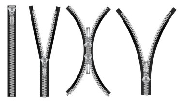 Realistic zipper opened stitch set with isolated front views of zipped up fly with moving latches vector illustration