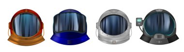 Astronaut helmets for space exploration and flight in cosmos realistic set of different colorful modifications with clear glass isolated vector illustration