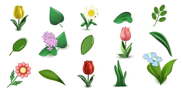 花要素のアイコンで設定された3D葉の花茎芽と葉は空白の背景ベクトルイラストに — ストックベクタ