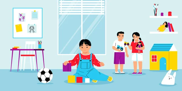 Autisme Jouer Seul Composition Avec Des Paysages Maternelle Enfant Jouer — Image vectorielle