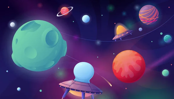 Komposition Space Cartoon Stil Mit Neonglühender Weltraumkulisse Und Farbenfrohen Planeten — Stockvektor