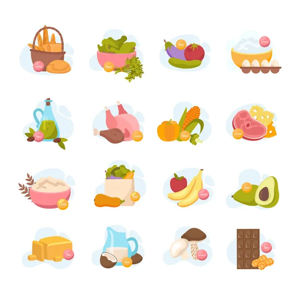 Macronutrients Flat Icons Collection Isolated Compositions Food Images Raw Vegetables — Stockvector