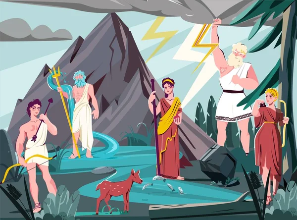 Olympian Gods Flat Colored Composition Gods Standing Natural Landscape Background — Archivo Imágenes Vectoriales