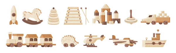 Vintage Wooden Toys Flat Set Helicopter Whirligig Rocket Pyramid Ship — Stock Vector