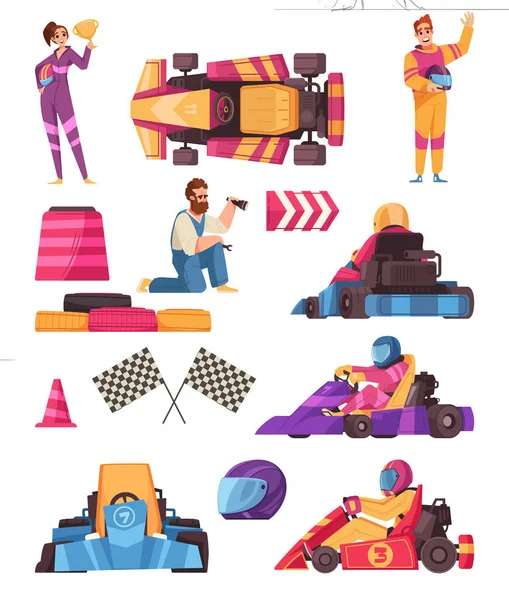 Karting Iconos Dibujos Animados Con Coches Carreras Accesorios Ilustración Vectorial — Vector de stock