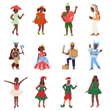 Kids wearing costumes of various fairytale characters flat set isolated vector illustration clipart