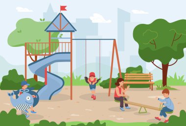 Çocuklar şehirdeki çocuk parkı düz vektör illüstrasyonunda çeşitli salıncaklarda sallanıyorlar