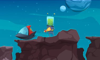 Alien cartoon background with monster astronaut holding strange weapon vector illustration