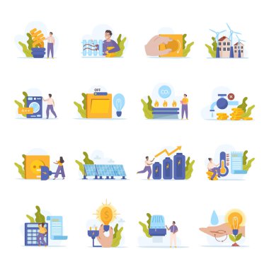 Energy economy flat set of compositions with icons of power sources batteries utility infrastructure and people vector illustration