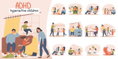 Hyperactive child composition with adhd problem symbols flat isolated vector illustration