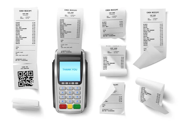 Set Isolated Realistic Cash Receipts Pos Terminal Icons Electronic Device — Stockvector