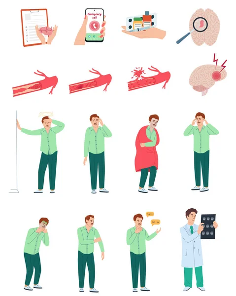 Stroke Symptoms Flat Icons Set Male Character Isolated Vector Illustration — Stock Vector