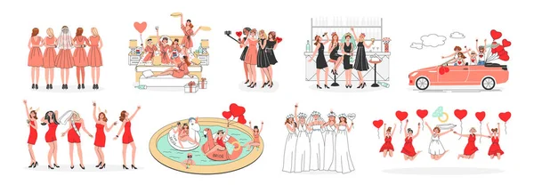 Bachelorette Party Flat Set Female Characters Celebrating Wedding Eve Bride — Stock Vector