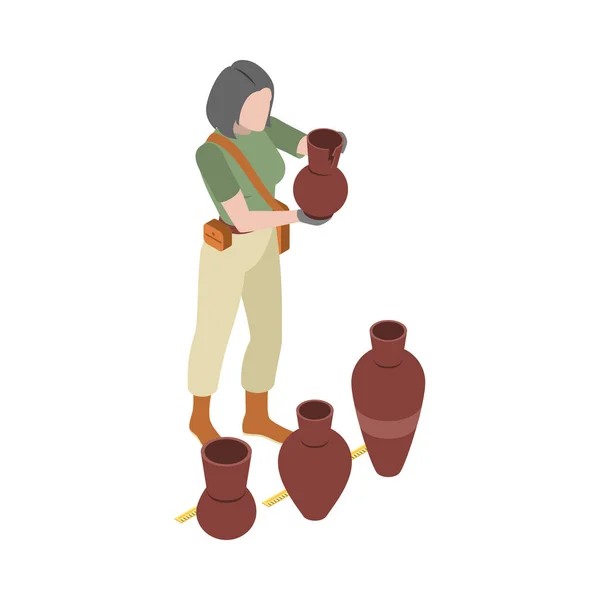 Archeology Isometric Composition Human Character Archeologist Work Vector Illustration — Archivo Imágenes Vectoriales