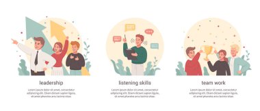 İletişim düz karikatür kompozisyonları takım çalışmasını gösteriyor liderlik dinleme becerileri izole vektör illüstrasyonları
