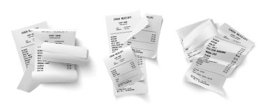 Realistic cash receipt set of isolated compositions with piles of paper bills with list of purchases vector illustration