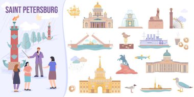Saint Petersburg seti, Rus vektör illüstrasyonunu keşfeden turist grubuyla ünlü manzaraların düz ve izole kompozisyonlarıyla kurulmuştur.