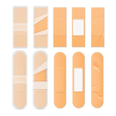 Realistic medical bandages set with isolated views of sealed unpacked band aid plasters on blank background vector illustration
