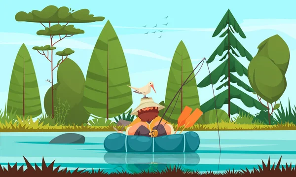 湖のベクトル図で漁師釣り生態系の漫画のポスター — ストックベクタ