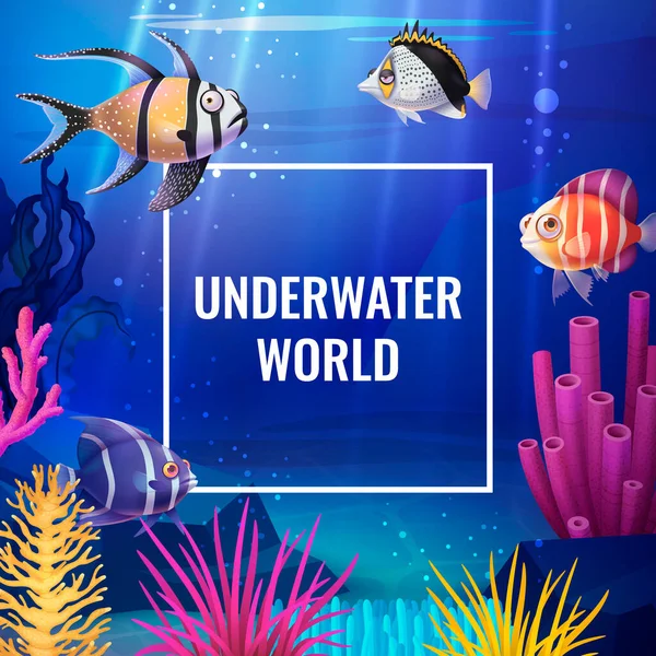 Underwater World Poster Cute Cartoon Fishes Coral Reefs Vector Illustration — Vector de stock