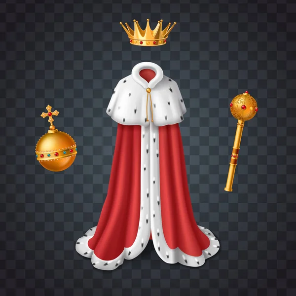 Royal Accessories Symbols Realistic Set Kings Cloak Golden Crown Transparent — Stok Vektör